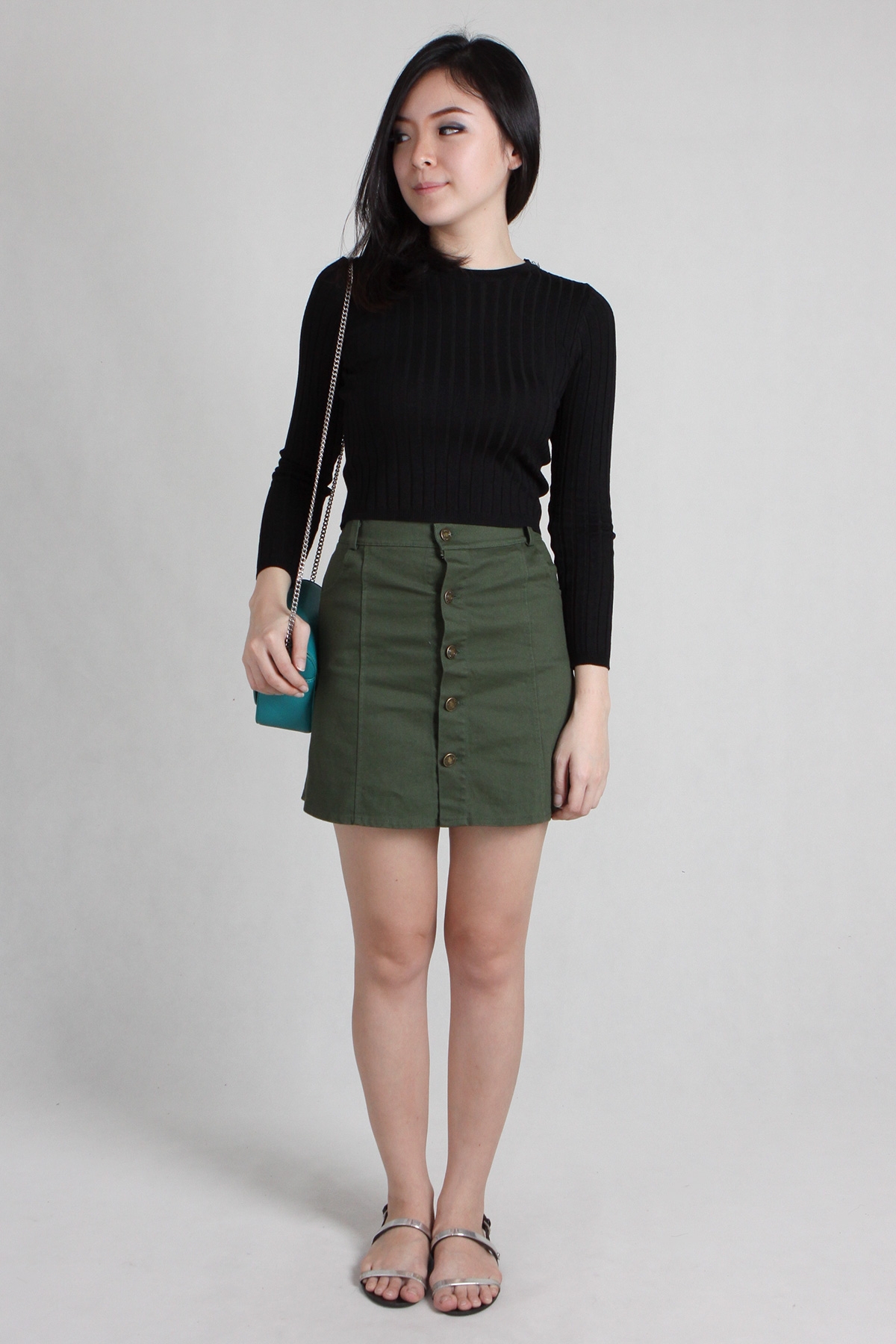 Button Denim Skirt in Khaki Green - PS Curate