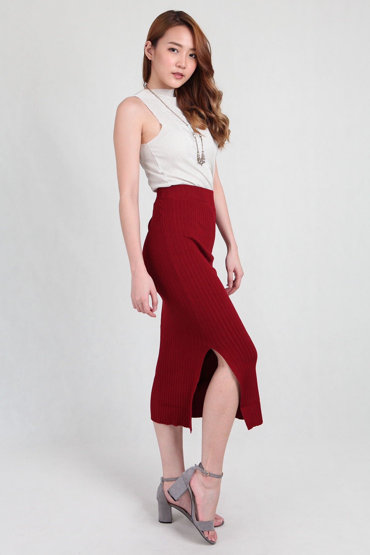 Knit Midi Skirt in Wine - PS Curate