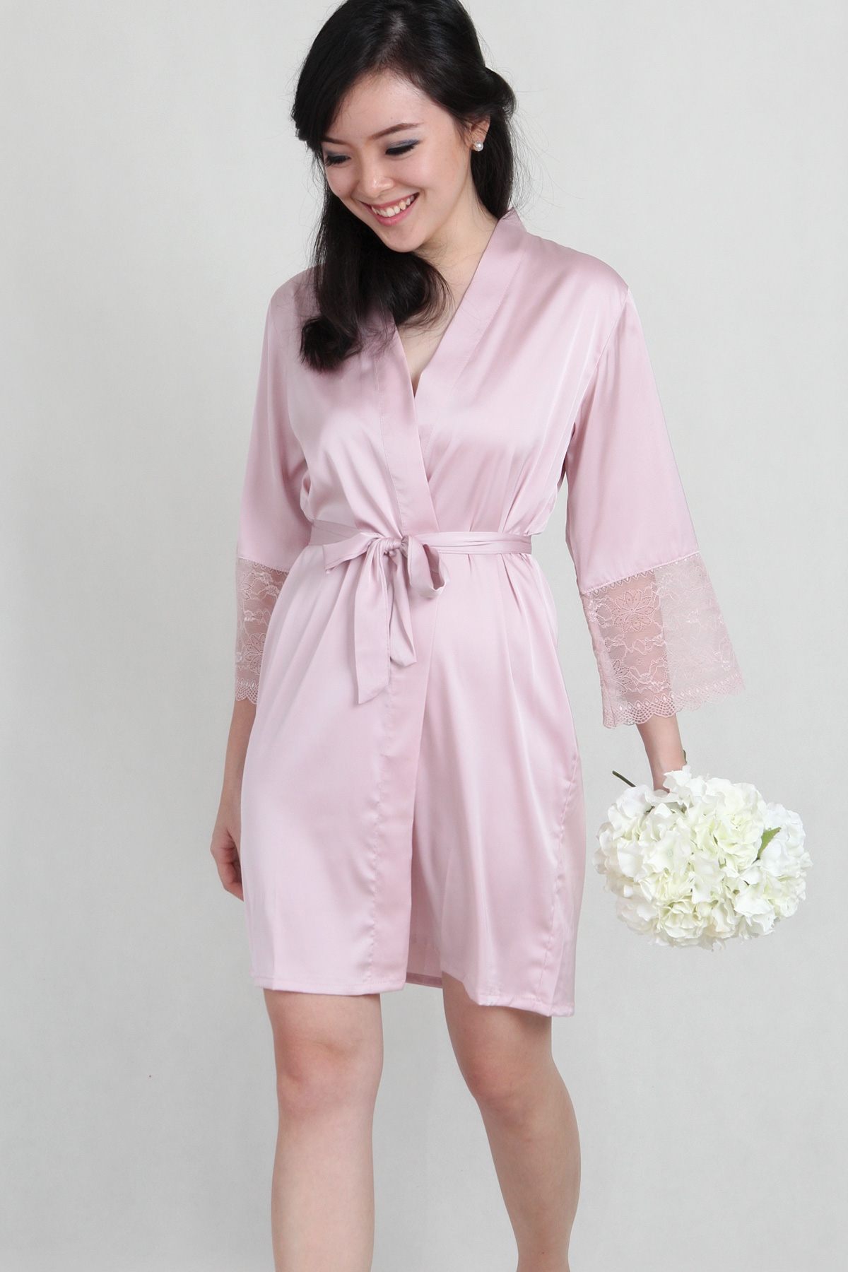 Lace Trimmed Satin Robe in Pale Blush