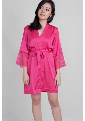 Lace Trimmed Satin Robe in Fuchsia