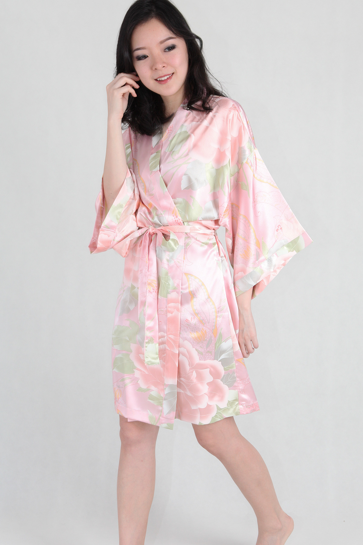 Watercolour Satin Kimono Robe in Pink