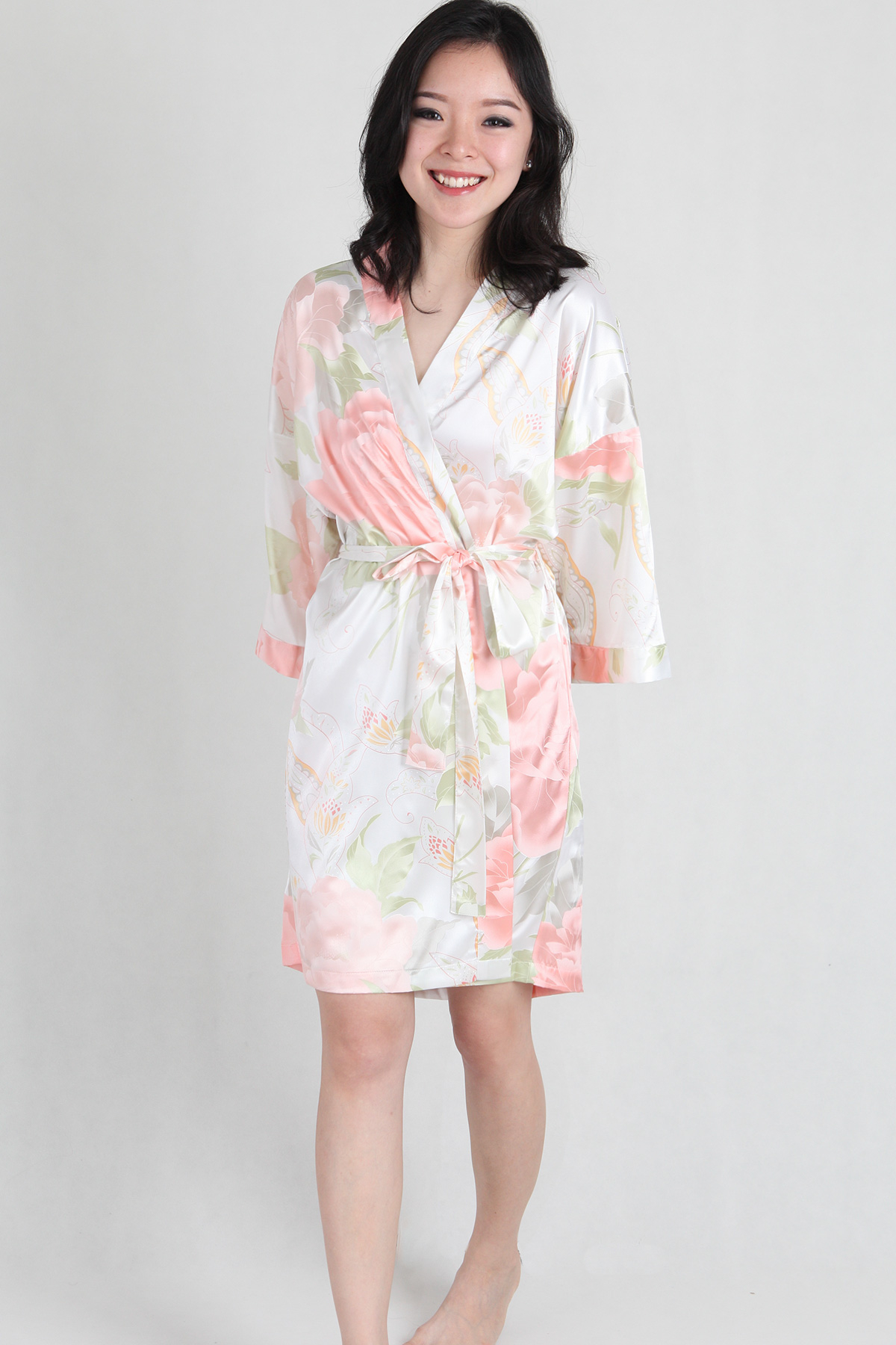 Watercolour Satin Kimono Robe in White