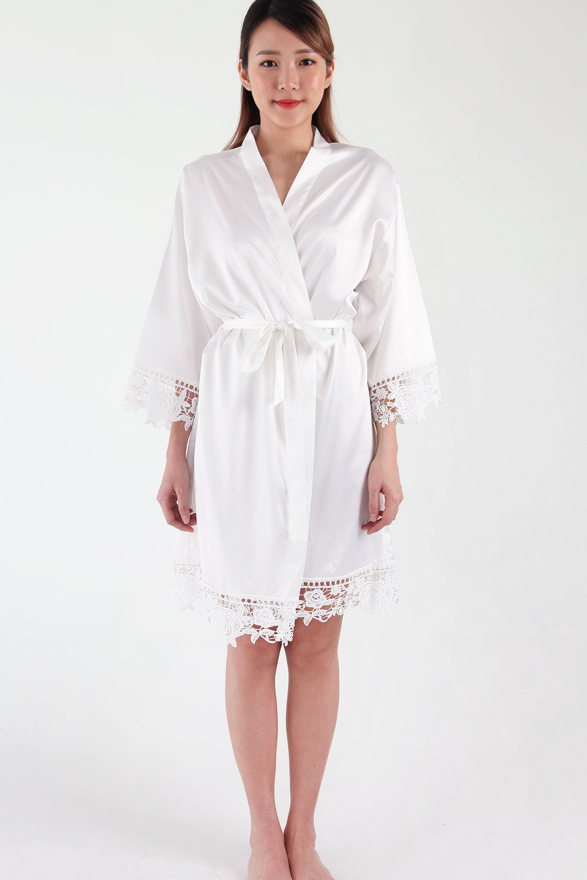 Crochet Trimmed Satin Robe in White