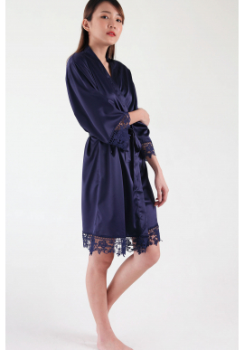 Crochet Trimmed Satin Robe in Midnight Blue