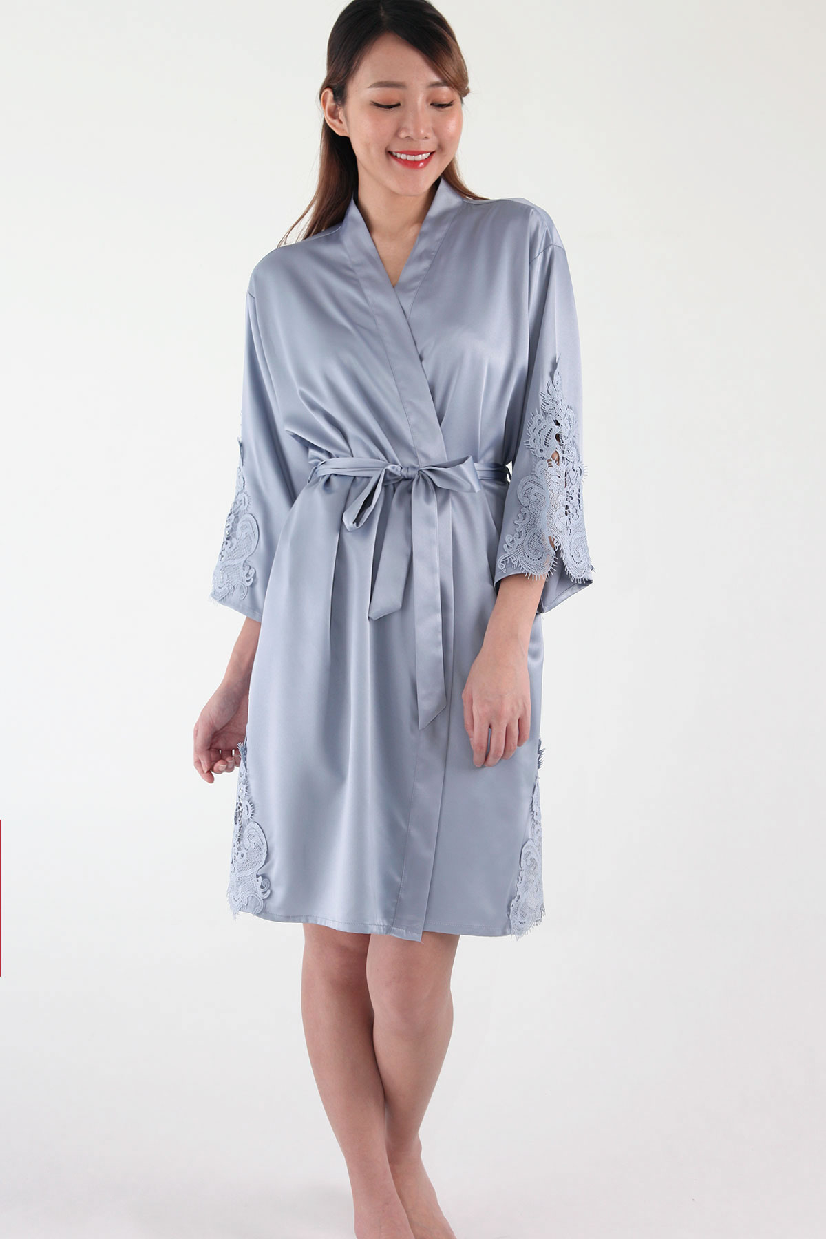 Ari Eyelash Lace Satin Robe in Dusty Blue - PARSEALED