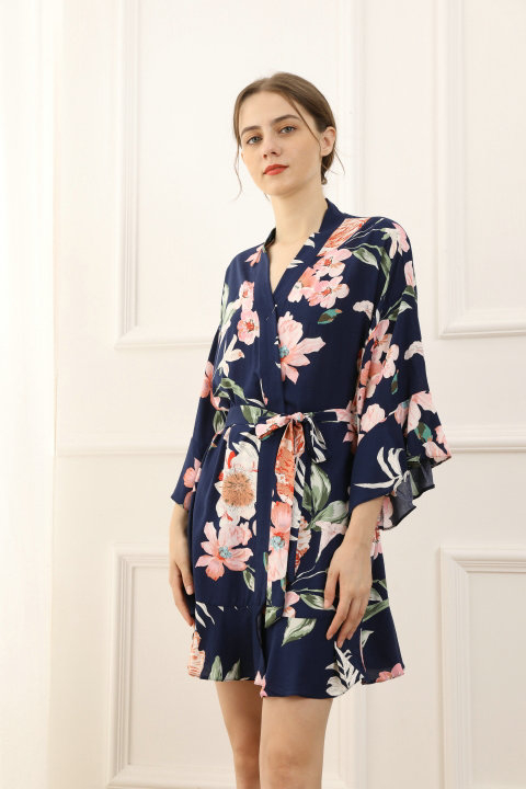 Petra Floral Ruffle Robe in Midnight
